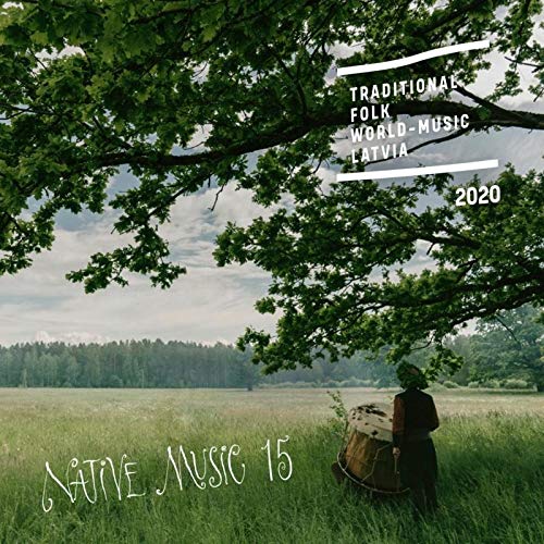 CD cover with a person playing a drum in a field under a tree.