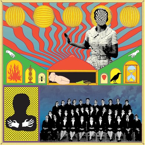 CD cover art: surreal collage with figures, flames, and a crowd.