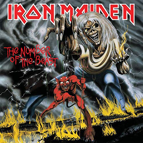 Iron Maiden album cover: a demon and skeletal hand amidst flames.