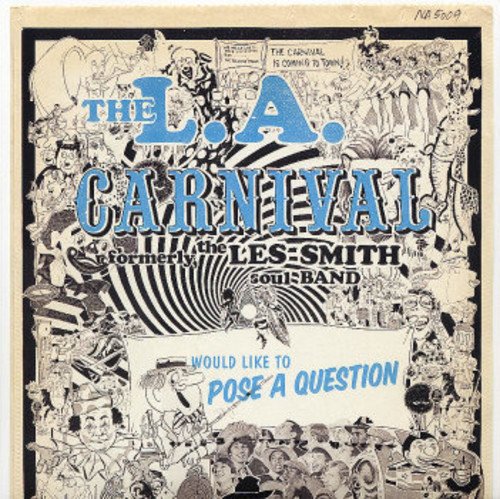 Black and white carnival-themed illustration with blue text on a vinyl record cover.