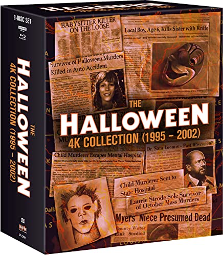 Halloween" 4K Blu-ray collection box set with newspaper clippings and Michael Myers.