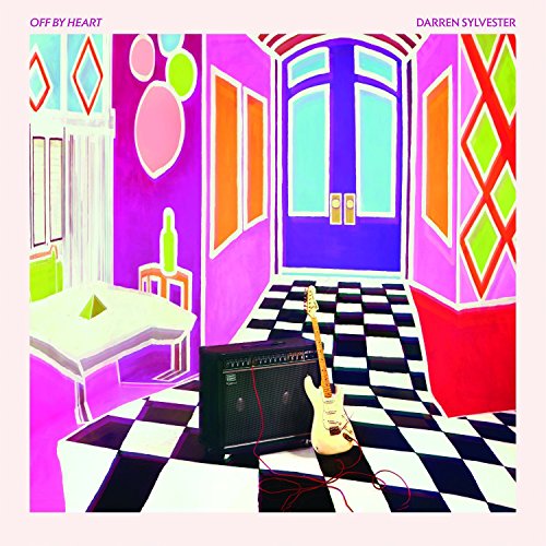 A colorful, stylized illustration of a room with a guitar, amplifier, and checkered floor.