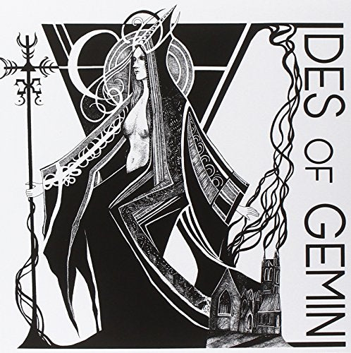 Black and white album cover with a woman, geometric shapes, and a staff.