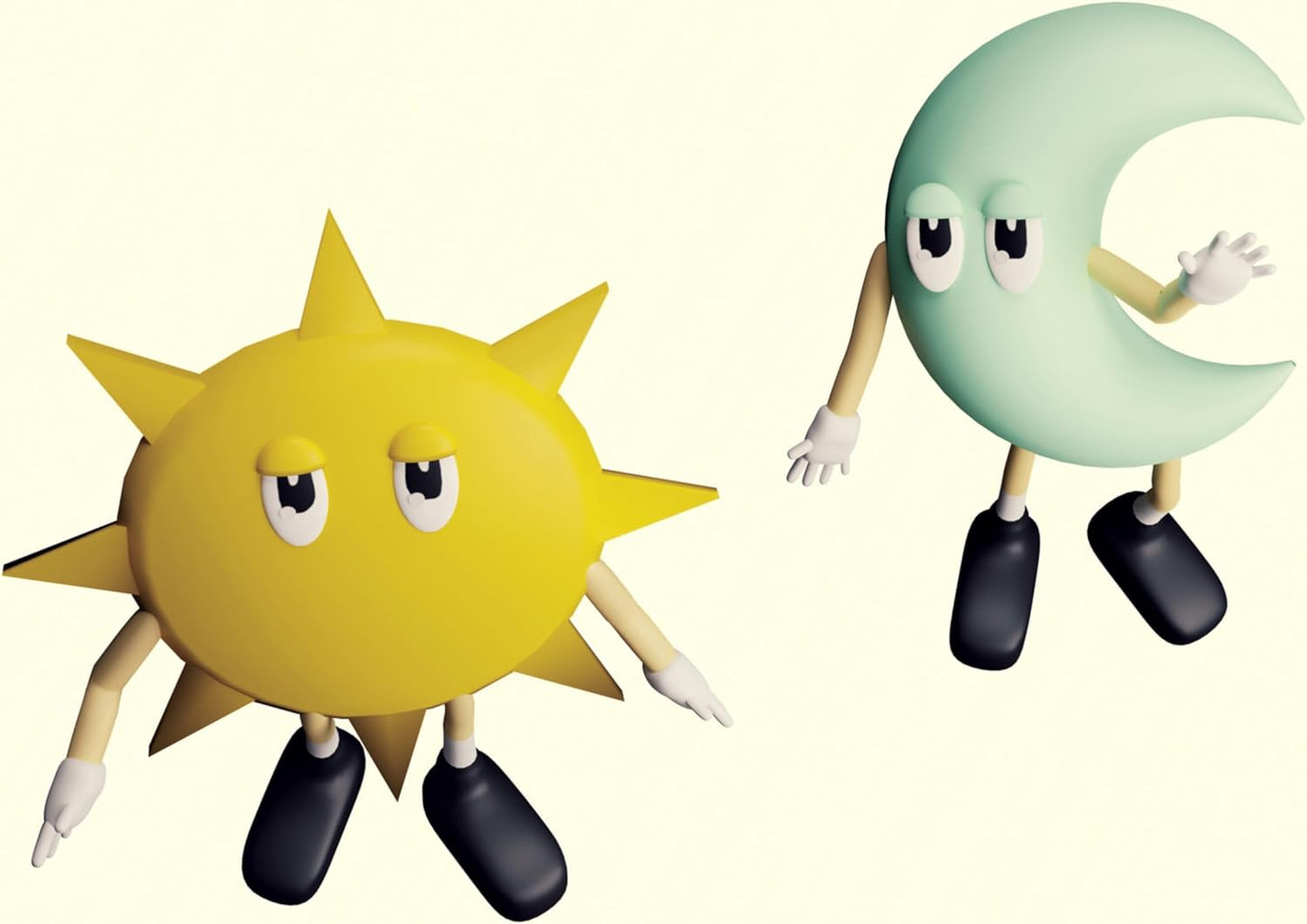 Cartoon sun and moon characters with arms and legs, facing forward.