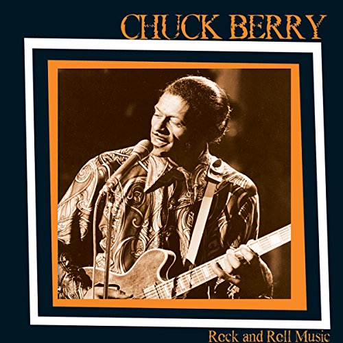 Chuck Berry playing guitar on album cover, sepia toned portrait.