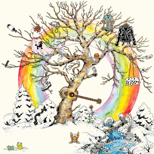 Painted tree with hanging clothes and instruments, framed by a rainbow.