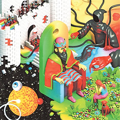 Surreal illustration of figures and celestial objects in a colorful, layered scene.