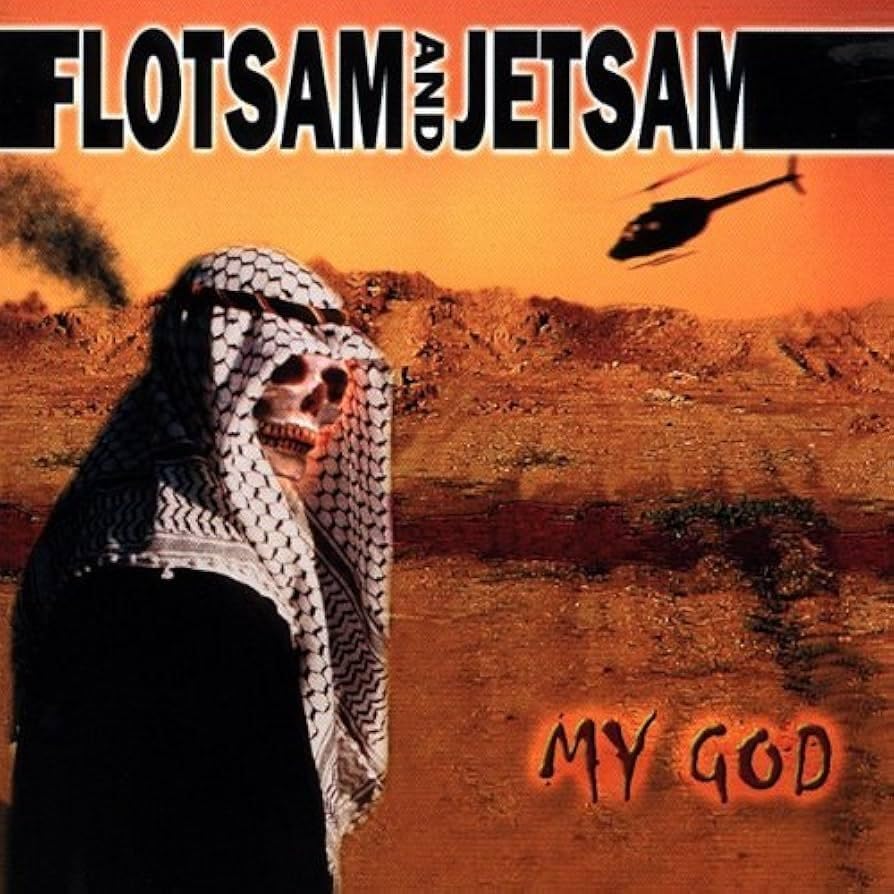Album cover: skeletal figure in headscarf, helicopter, desert landscape.