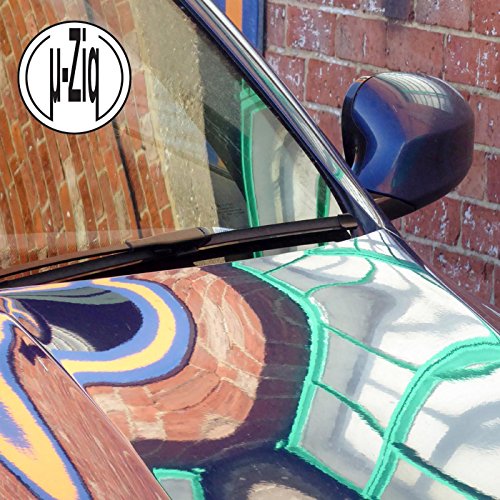 U-Ziq album cover featuring colorful, swirling patterns reflected on car hood.