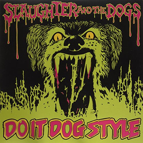 Record album cover: snarling dog illustration with dripping text, black background.