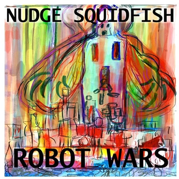 Abstract painting of a robot with city buildings, album cover.