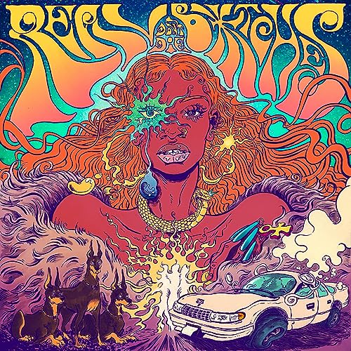 Psychedelic illustration of a woman with flowing hair, dogs, and a car.