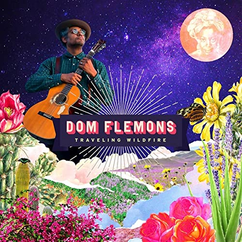 Dom Flemons album cover with musician, flowers, and celestial imagery.