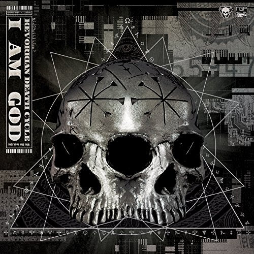 Skull with geometric patterns and text, album cover for "Kevorkian Death Cycle.
