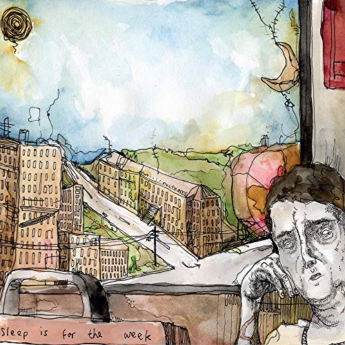 Watercolor album cover depicting a city skyline and a person’s face.