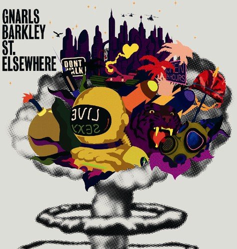 Album cover with a mushroom cloud, astronaut helmet, snarling panther, and city skyline silhouette.
