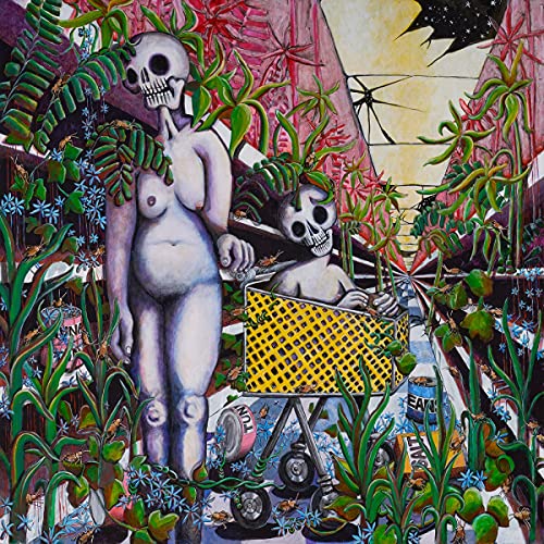 Album cover with skeletons, plants, and a yellow shopping cart.