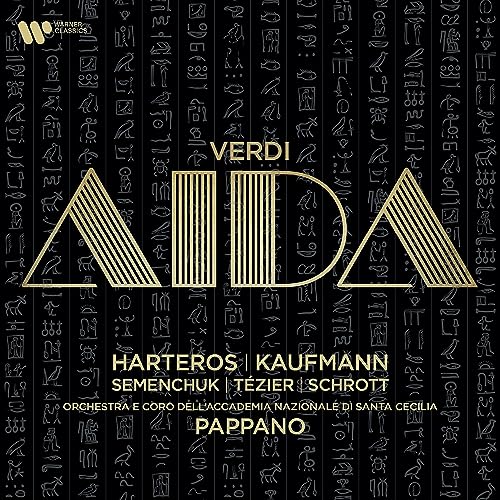 CD cover for Verdi’s “Aida” featuring gold text on a black, hieroglyphic background.