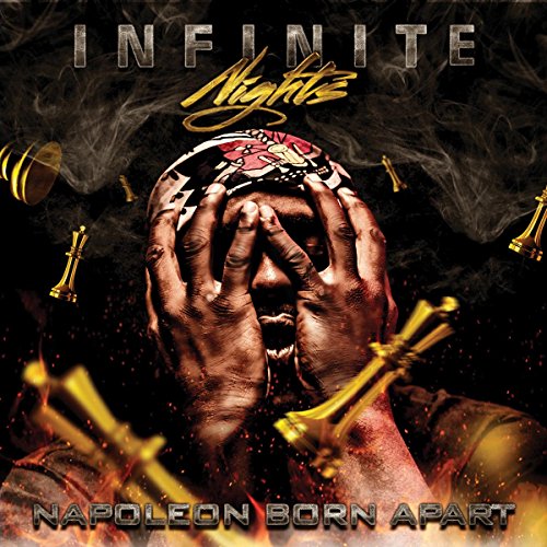 CD cover: man with head in hands, chess pieces, fiery background.