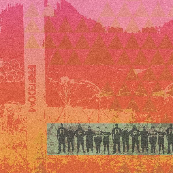 Album cover with silhouetted figures against a textured, colorful landscape.