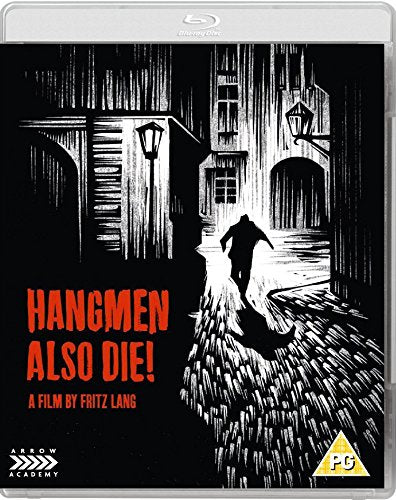 Black and white illustration of a figure running through a dark, cobblestone city street.