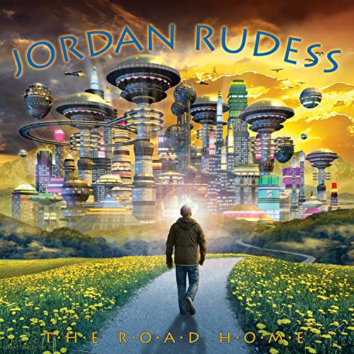 Album cover for Jordan Rudess’ “The Road Home” featuring a futuristic city.