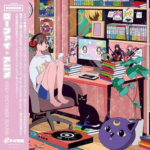 Anime-style illustration of a girl listening to music in a cozy room.
