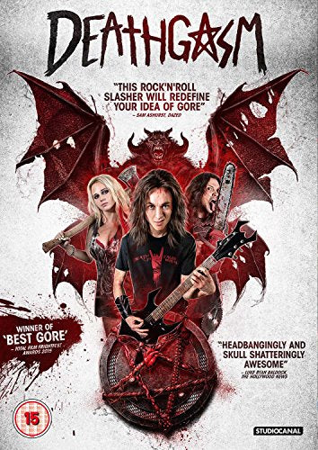 Deathgasm" DVD cover featuring people with weapons and demonic imagery.