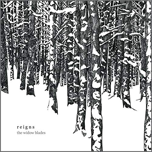 Black and white illustration of a dense, snowy forest with album title.