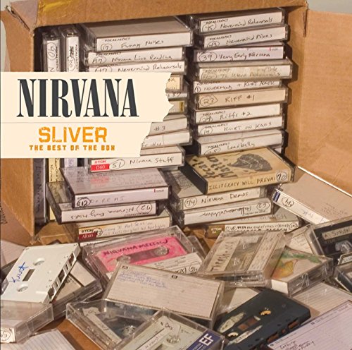 Cardboard box filled with labeled cassette tapes with Nirvana Sliver album text overlay.