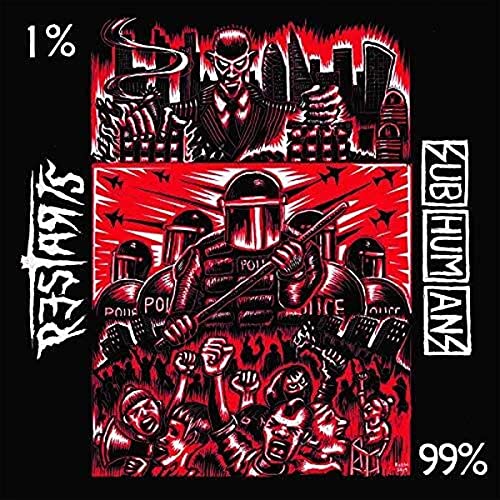 Black and red punk album cover depicting protest and authority figures.