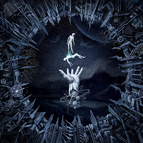 Surreal album cover depicting figures amidst a cosmic, architectural landscape.