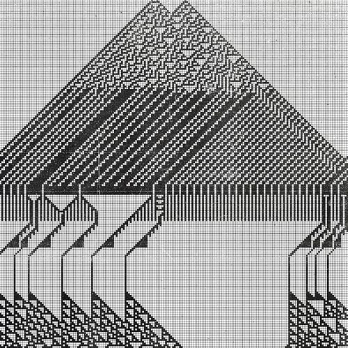 Black and white abstract geometric design resembling mountains and buildings.
