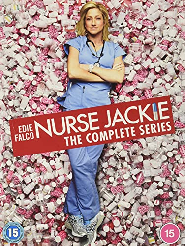 Nurse Jackie DVD cover featuring Edie Falco amidst scattered pills.