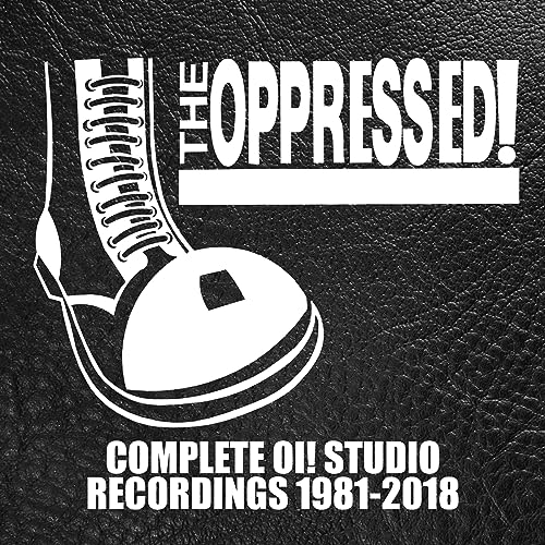 Black album cover with white text, a boot, and record imagery.