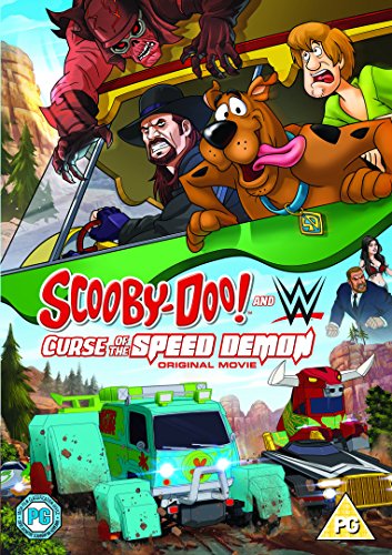 Scooby-Doo and WWE characters in a cartoon racing scene on a DVD cover.