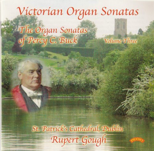 CD cover: Victorian organ sonatas, portrait, cathedral, and green landscape.