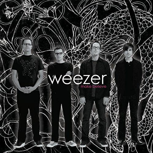 Weezer band members in black and white with a dragon design.