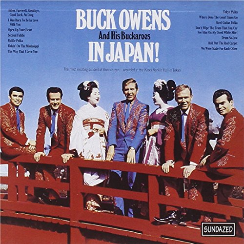 CD cover: Buck Owens and His Buckaroos with musicians on a bridge.