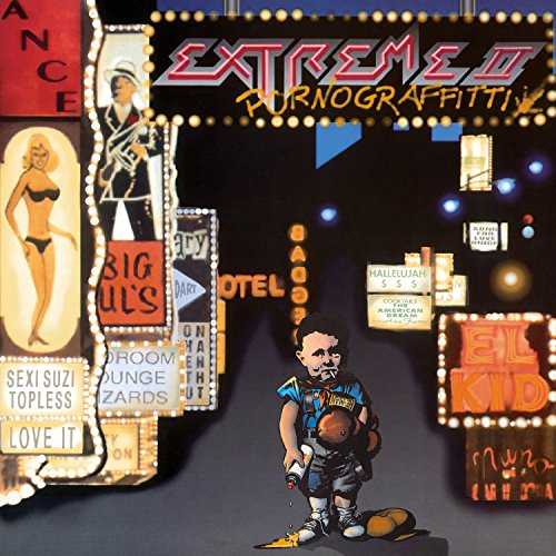 Album cover for Extreme’s “Pornograffitti” featuring neon signs and a cartoon figure.