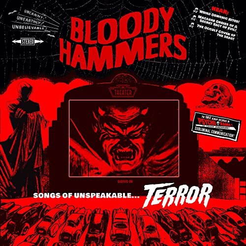 Red and black album cover for “Bloody Hammers” featuring a demonic face.