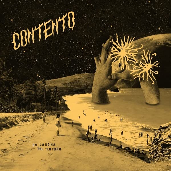 Album cover: surreal landscape with a large hand and distant figures.