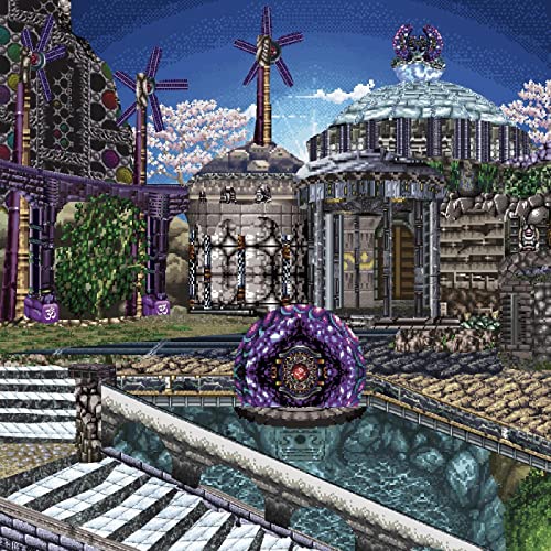 Pixel art cityscape with domes, windmills, and a purple orb foreground.