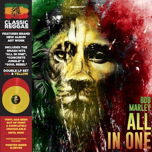 Bob Marley “All In One” vinyl album cover with red, yellow, and green colors.