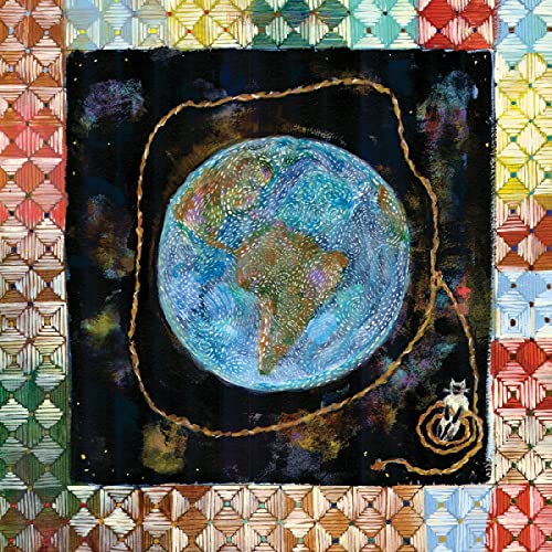 Painted Earth with a golden orbit and a small white animal.