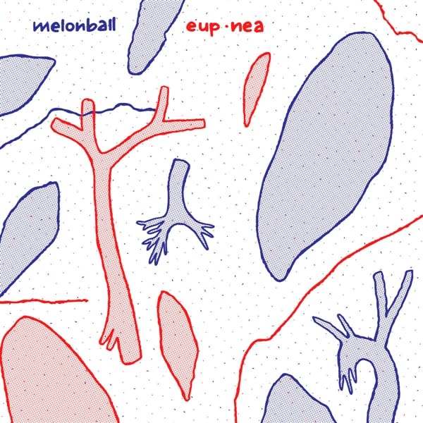 Vinyl record cover with abstract blue and red line art of branching shapes.