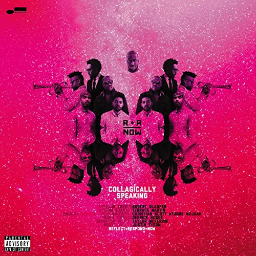 Pink album cover featuring mirrored images of musicians with brass instruments.