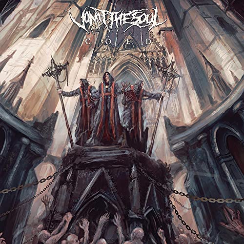 Dark fantasy album cover with cloaked figures and rising hands.