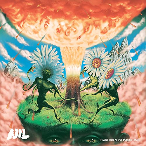 Album cover: surreal landscape with humanoid flowers and a mushroom cloud.