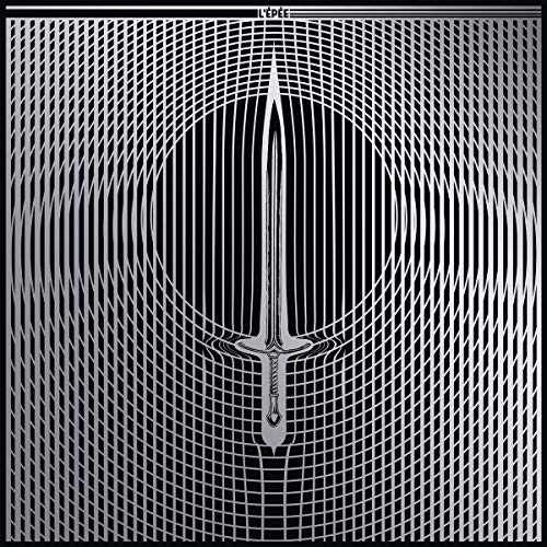 Black and white vinyl record cover with a sword graphic and grid pattern.